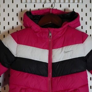 Nike Puffer Jacket Winter Coat Pink Black White Hooded Girls Toddler 24M